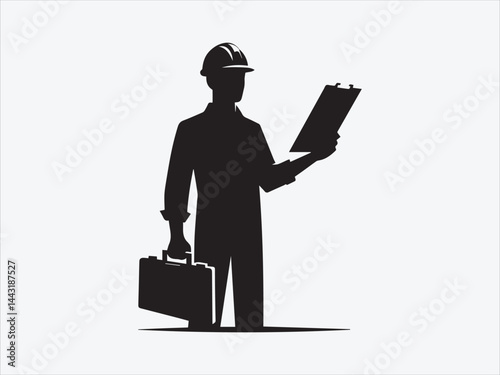 Worker Holding Tools Silhouette with Icon Hard Hat and Gear for Labor, Construction, and Occupation-Themed Vector Illustrations