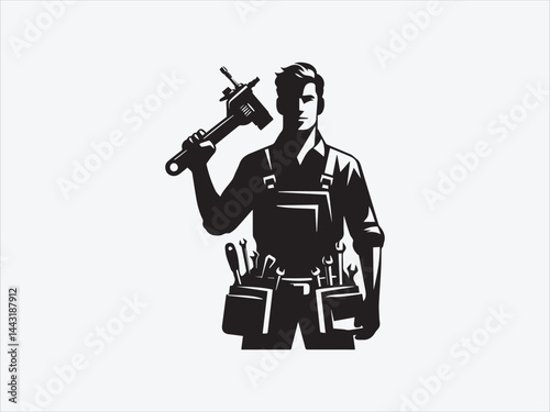Worker Holding Tools Silhouette with Icon Hard Hat and Gear for Labor, Construction, and Occupation-Themed Vector Illustrations
