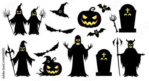 Halloween Silhouette Figures of Ghouls Witches and Pumpkins
