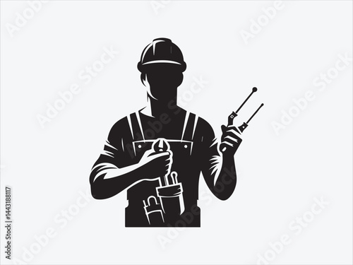 Worker Holding Tools Silhouette with Icon Hard Hat and Gear for Labor, Construction, and Occupation-Themed Vector Illustrations