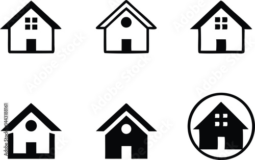 Set of six black and white house icons with different window shapes and styles, perfect for real estate apps, website buttons, or user interface design projects

