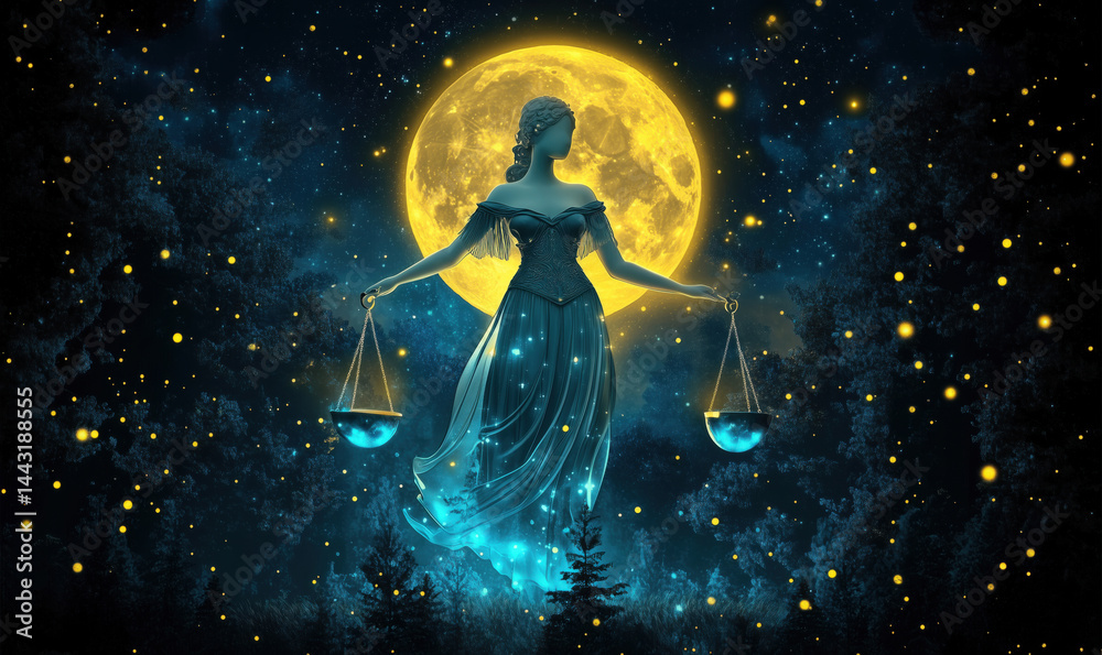 Fototapeta premium Lady Justice holding scales under a glowing full moon in a starry night sky.