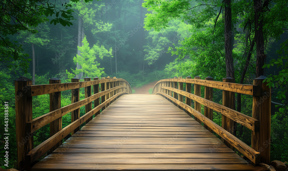 Obraz premium Wooden bridge leading into lush green forest with misty atmosphere.