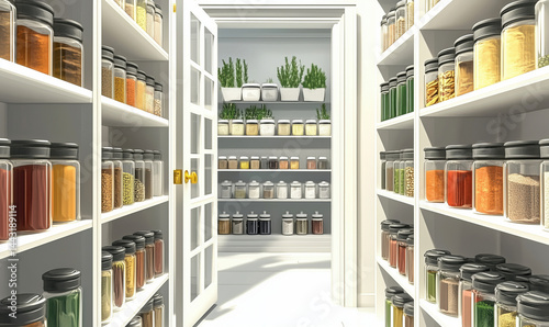 Organized pantry with glass jars filled with spices, herbs, and dry goods.