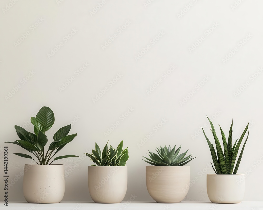 Perfectly balanced composition of three potted plants in neutral ceramic containers Perfectly balanced composition of three potted plants in neutral ceramic containers