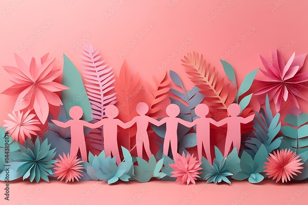 Obraz premium Pink Paper People Friendship Group Teamwork