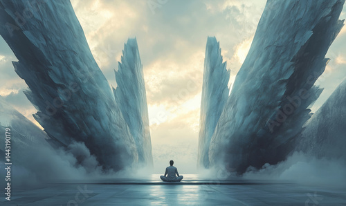Wallpaper Mural Meditative figure surrounded by towering crystalline structures under a dramatic sky. Torontodigital.ca
