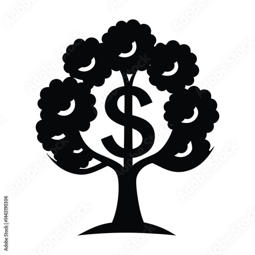 Silhouette of dollar sign merging with tree on white background
