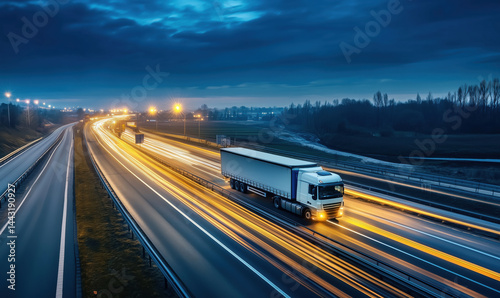 Long exposure of truck on highway at dusk with light trails and dramatic sky.