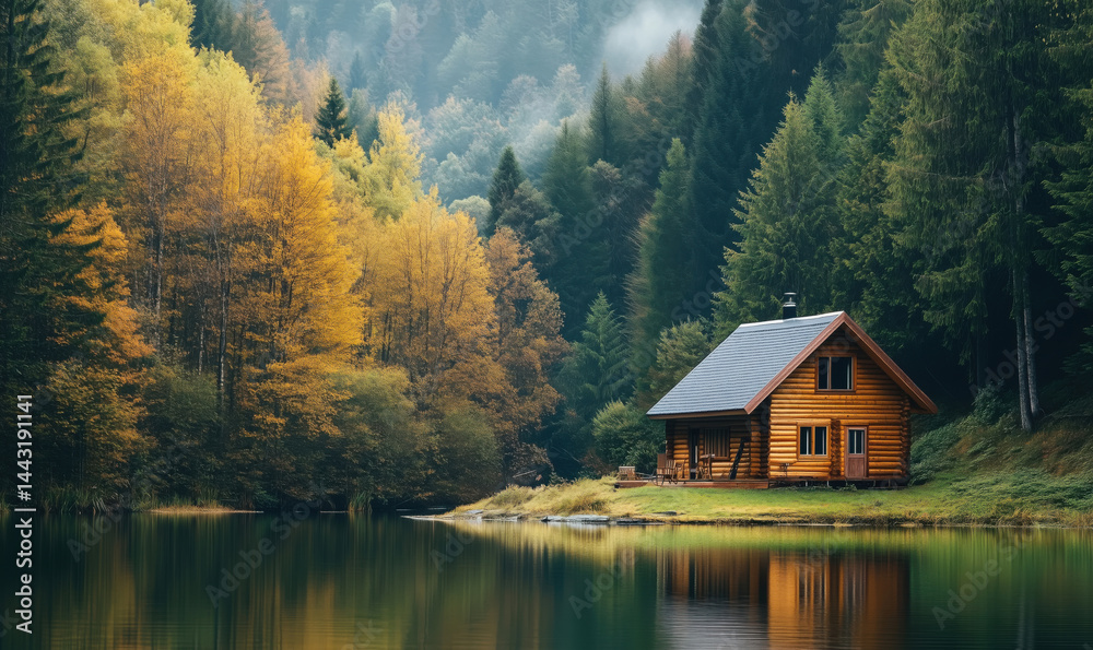 Serene log cabin by tranquil lake surrounded by autumn foliage and evergreen trees. Serene log cabin by tranquil lake surrounded by autumn foliage and evergreen trees.