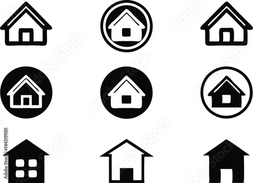Set of Nine Black and White House Icon Vectors for Real Estate