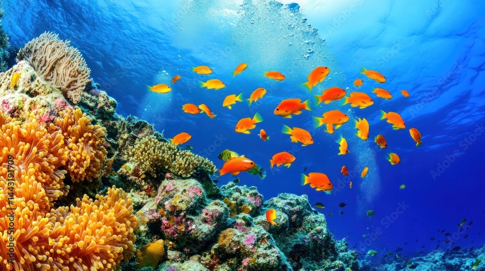 Fototapeta premium Vibrant Coral Reef Scene with Orange Fish