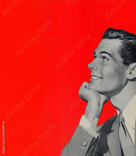a 1950s advertising illustration of a man on red background, room for text