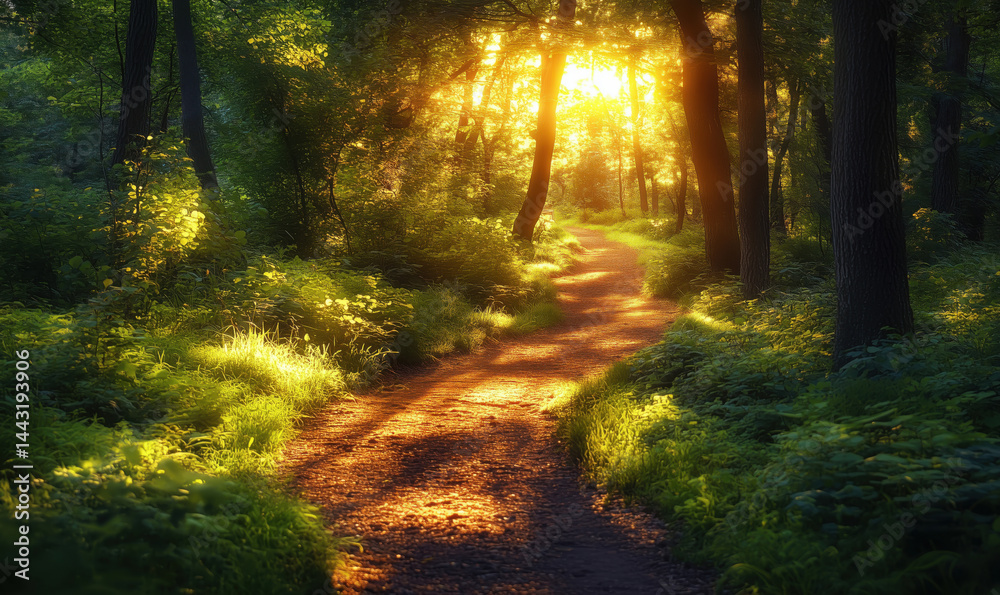 Fototapeta premium Serene forest path illuminated by golden sunlight through trees in tranquil nature setting.
