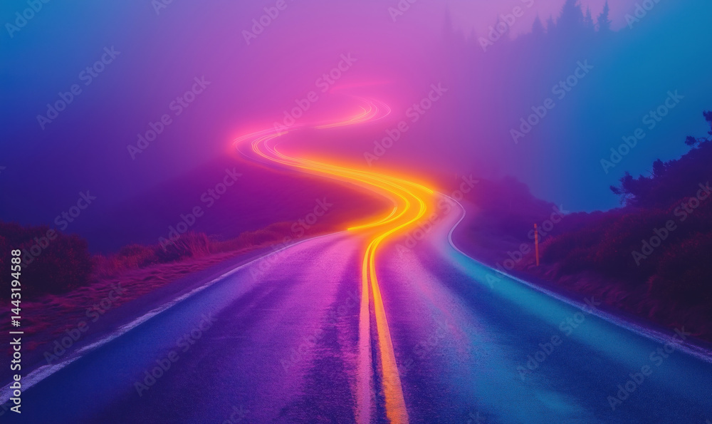 Fototapeta premium Winding road illuminated by vibrant neon lights in foggy landscape.