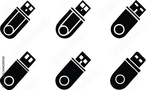 Swivel cap USB flash drive icon set in black silhouette vector style, ideal for file transfer, portable storage, tech illustrations, and UI interface design
