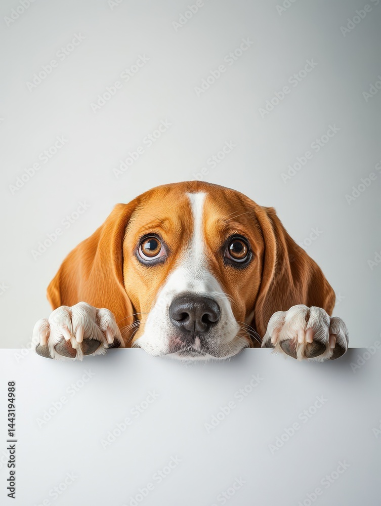 funny grey beagle peeks out from behind a white table with his paws, white background, photo, packshot, advertising shoot funny grey beagle peeks out from behind a white table with his paws, white background, photo, packshot, advertising shoot