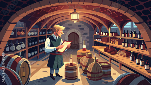 A man is standing in a wine cellar, looking at a list. The cellar is filled with wine bottles and barrels