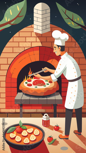 A woman is cooking food in a brick oven. The oven is surrounded by a variety of food items, including pizza and vegetables. The scene is set in a kitchen with a brick oven