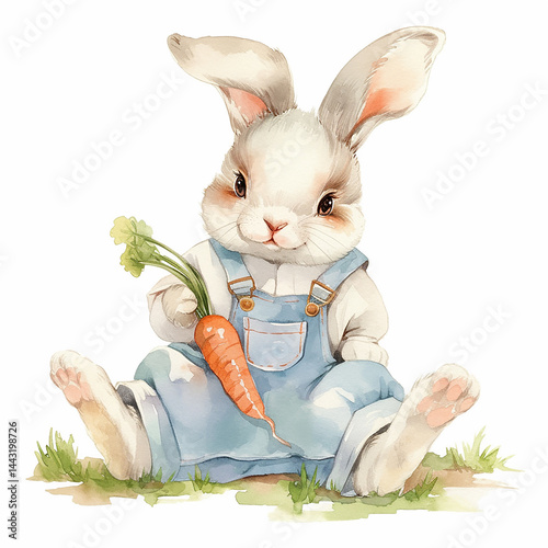 Happy bunny munching on a carrot while seated in overalls, showcasing a cheerful springtime vibe