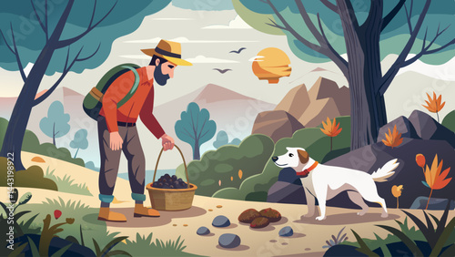 A man is picking up rocks with a dog by his side. The man is wearing a straw hat and a red shirt. The dog is white and has a red collar. The scene is set in a forest with trees and rocks