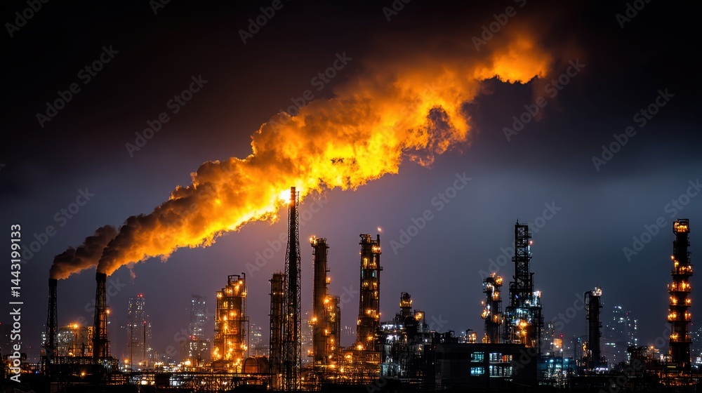 Night view of illuminated industrial refinery with fiery orange smoke plumes against a dark sky. Night view of illuminated industrial refinery with fiery orange smoke plumes against a dark sky.