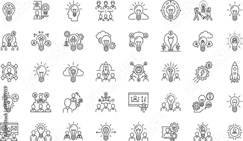 Idea, creativity line icon set. Vector pictograms of brainstorming, innovation, problem-solving, abstract thinking, insight, imagination