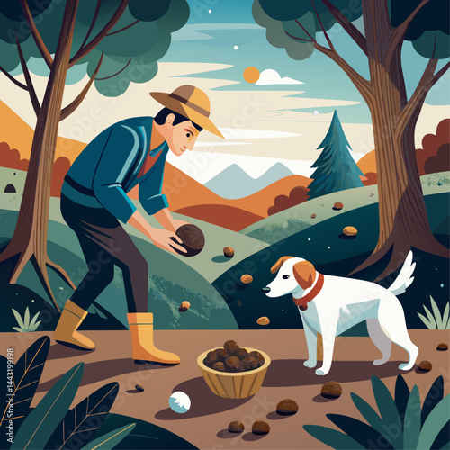 A man is picking up rocks with a dog by his side. The man is wearing a straw hat and a red shirt. The dog is white and has a red collar. The scene is set in a forest with trees and rocks