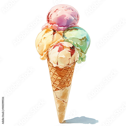 Colorful ice cream cone with three scoops on a sunny day at a local dessert shop