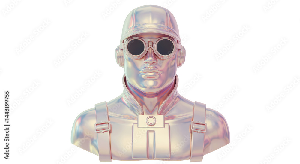 Isolated Chrome Futuristic Pilot Bust with Goggles Isolated Chrome Futuristic Pilot Bust with Goggles