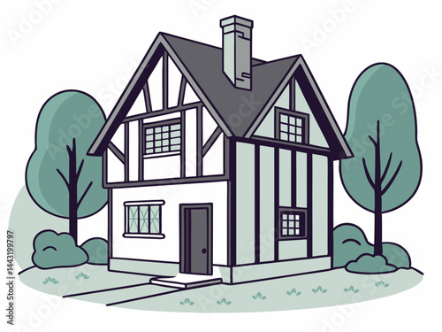 Classic House Illustration with Garden Landscape