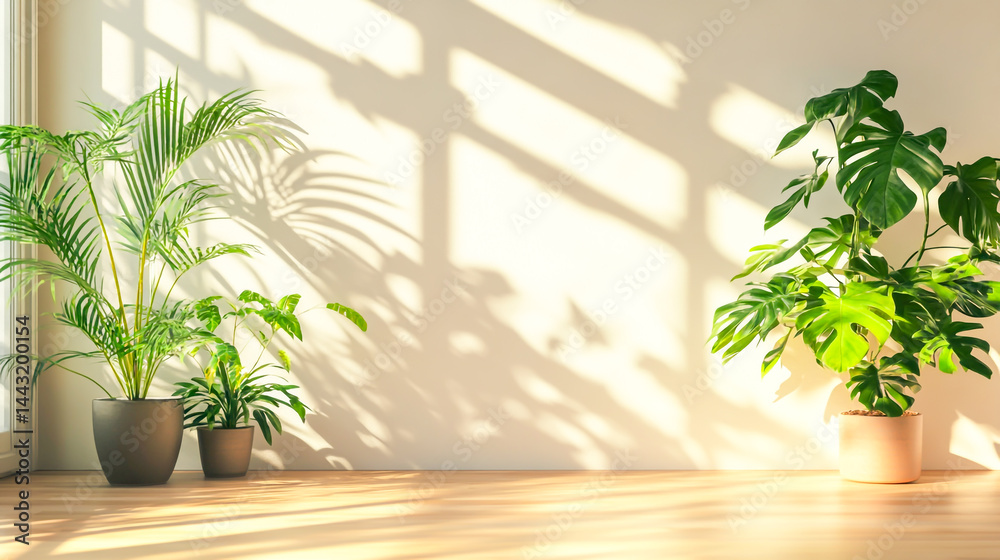Indoor home scene with plants in pots sunlight casting soft shadows on light wooden surface minimalist design inspiration Indoor home scene with plants in pots sunlight casting soft shadows on light wooden surface minimalist design inspiration