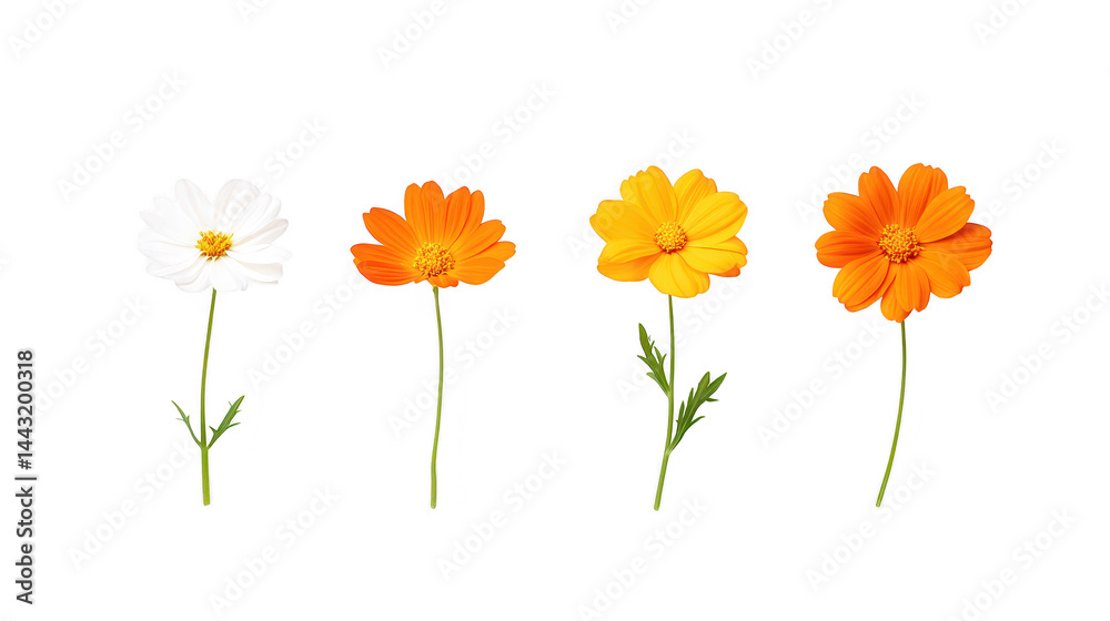 Fototapeta premium Striking contrast, four orange and white flowers on a dark background three