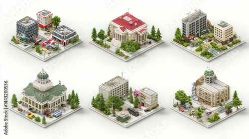 Isometric pixel art cityscapes showcasing various building styles and urban scenes. Detailed architectural designs in a vibrant color palette against a clean white background.
