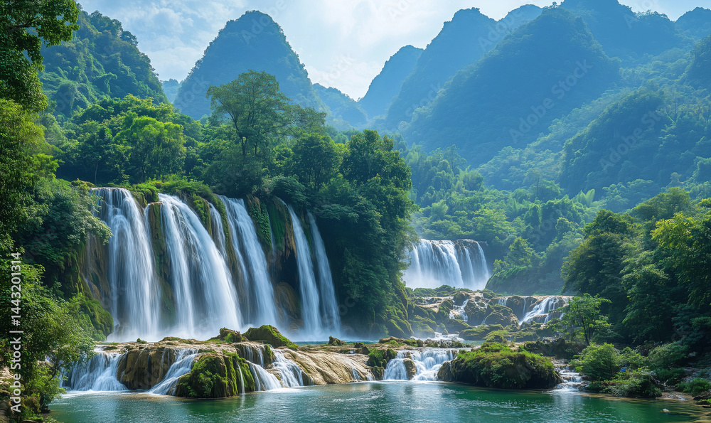 Fototapeta premium Stunning Waterfalls Surrounded by Lush Green Mountains and Vibrant Nature.