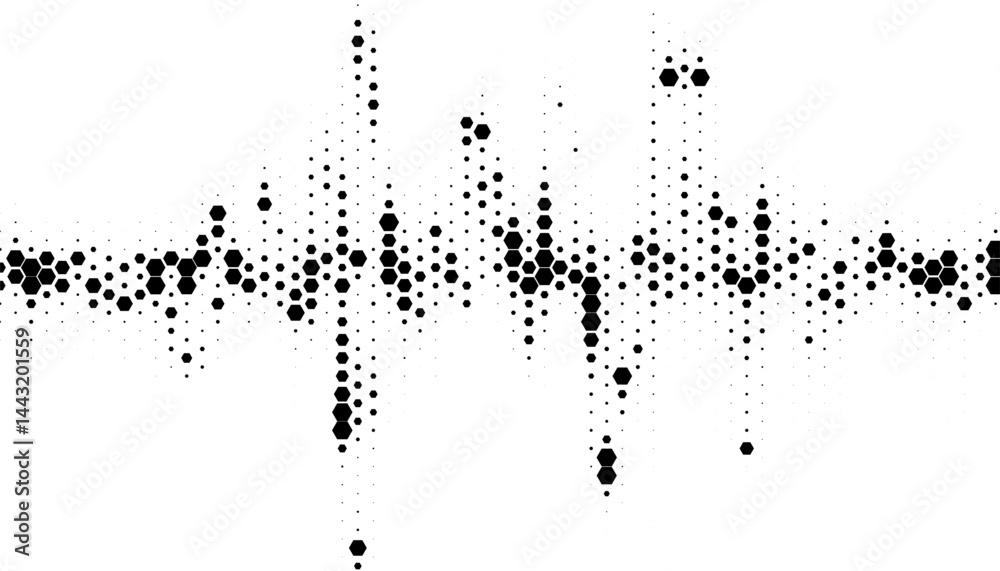 Black and white abstract geometric pattern with wave effect. Halftone pattern with hexagon shape transition. For modern technology background. Vector Format Illustration 