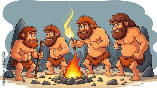 Cavemen Starting a Fire in a Prehistoric Setting