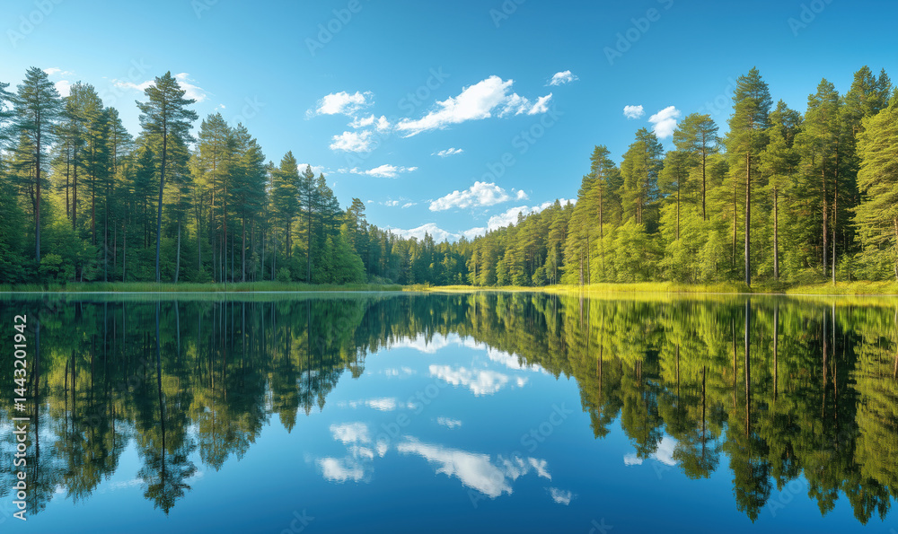 Fototapeta premium serene lake surrounded by lush green forest under clear blue sky.
