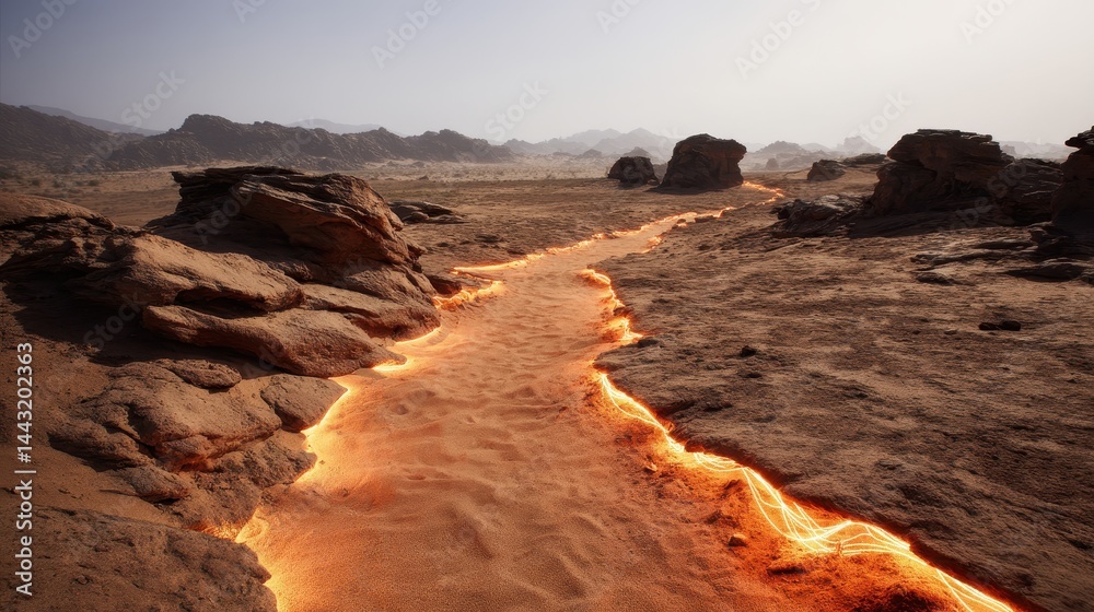 Obraz premium Glowing Sands Path Through a Desolate Rocky Landscape An alien like desert scene with fiery light trails