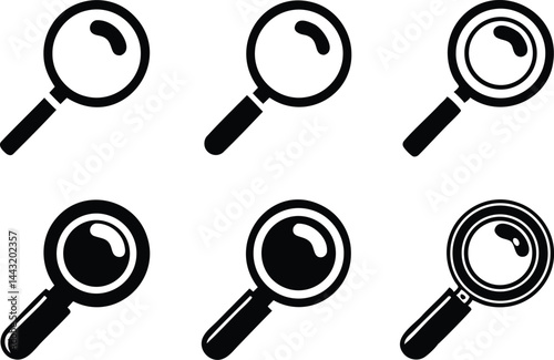 Magnifying glass icon set with reflection styles in bold and outline vector design, ideal for search tools, zoom features, and user interface design
