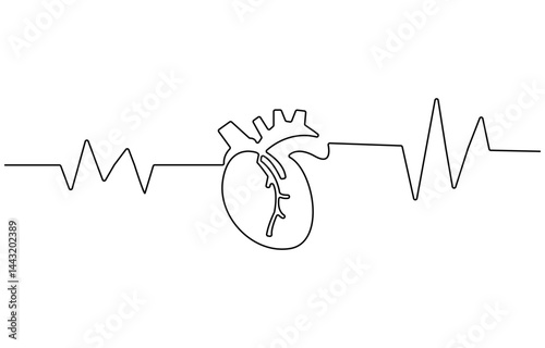 Single continuous line art anatomical human heart silhouette. Healthy medicine concept design one sketch outline drawing vector illustration, Human heart one line colored continuous drawing. Human