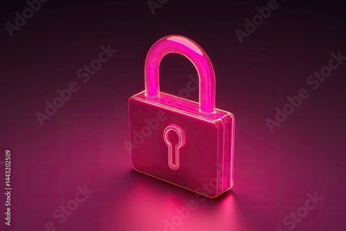 A glowing, translucent, vibrant pink padlock, 3D rendered, against a dark, purplish backdrop  It appears glass-like, with a keyhole visible in the center