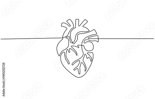 Single continuous line art anatomical human heart silhouette. Healthy medicine concept design one sketch outline drawing vector illustration, Human heart one line colored continuous drawing. Human
