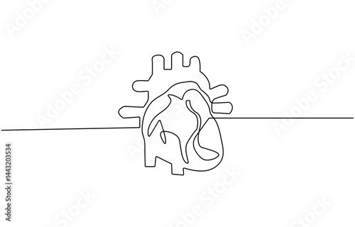 Single continuous line art anatomical human heart silhouette. Healthy medicine concept design one sketch outline drawing vector illustration, Human heart one line colored continuous drawing. Human