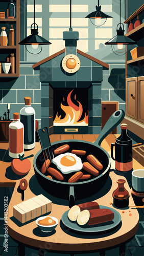 A colorful and whimsical illustration of a kitchen scene with a pan of eggs and sausages cooking on a stove. The kitchen is filled with various items such as a knife, a spoon, a fork, and a bowl