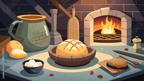 A drawing of a kitchen with a fire in the fireplace and a loaf of bread on the table