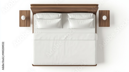Top view of a made king-size bed with wooden frame and side tables.