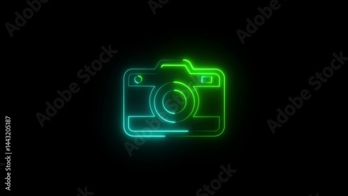 Glowing colorful neon line Photo camera icon isolated on black. Animated Photo camera sign flashing neon light