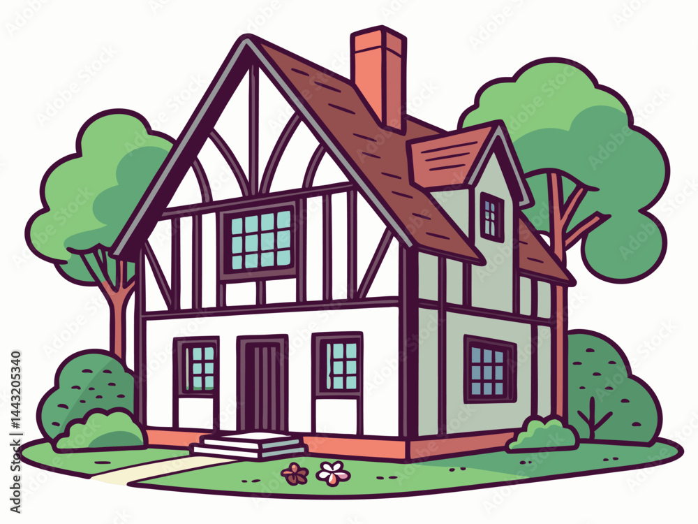 Naklejka premium Classic House Illustration with Garden Landscape