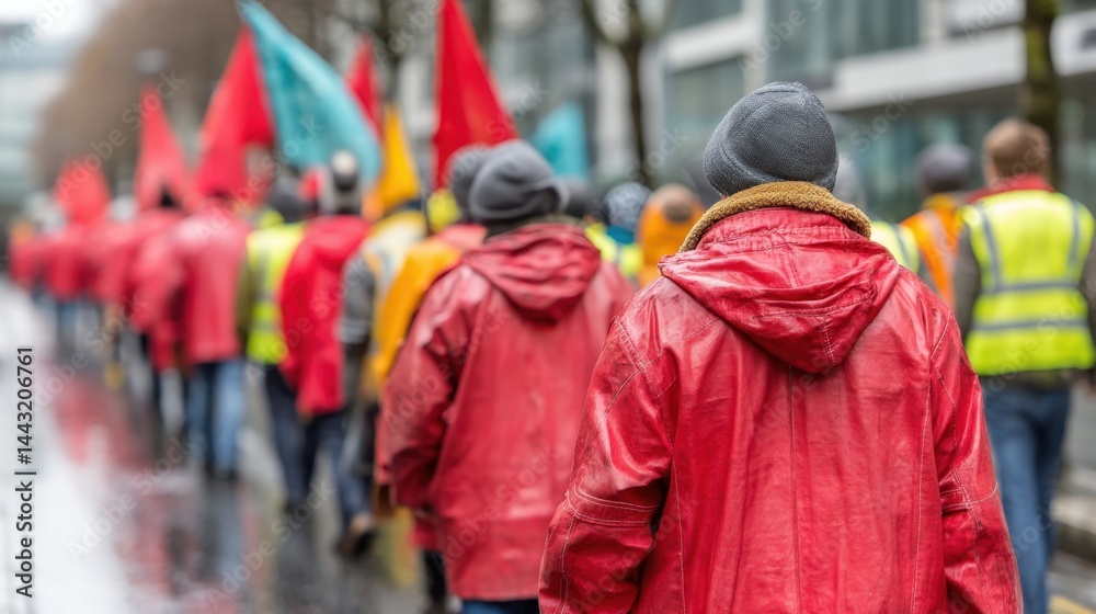 Obraz premium Rainy day protest, crowd in red raincoats walking in city street.